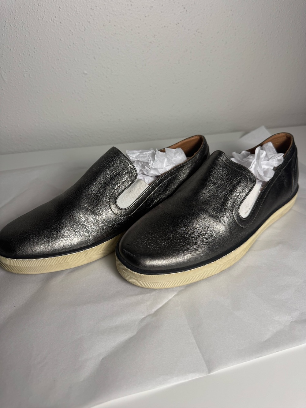Bottega Veneta Metallic Leather Slip-On Sneakers with Cream Sole